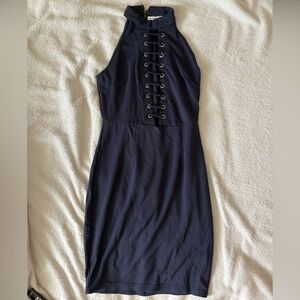 Charlotte Russe navy halter midi dress with laced cutouts